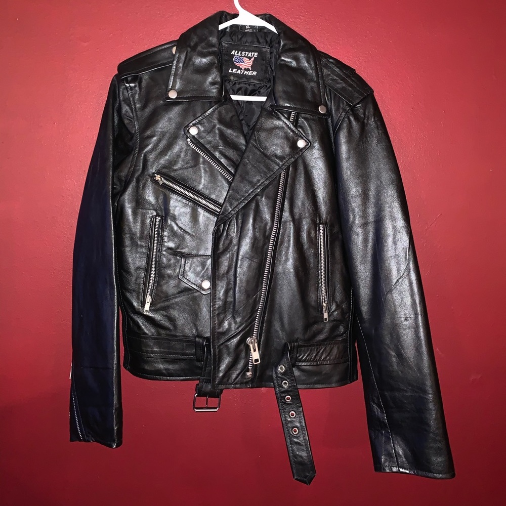All State Leather Black Motorcycle Moto Jacket!
